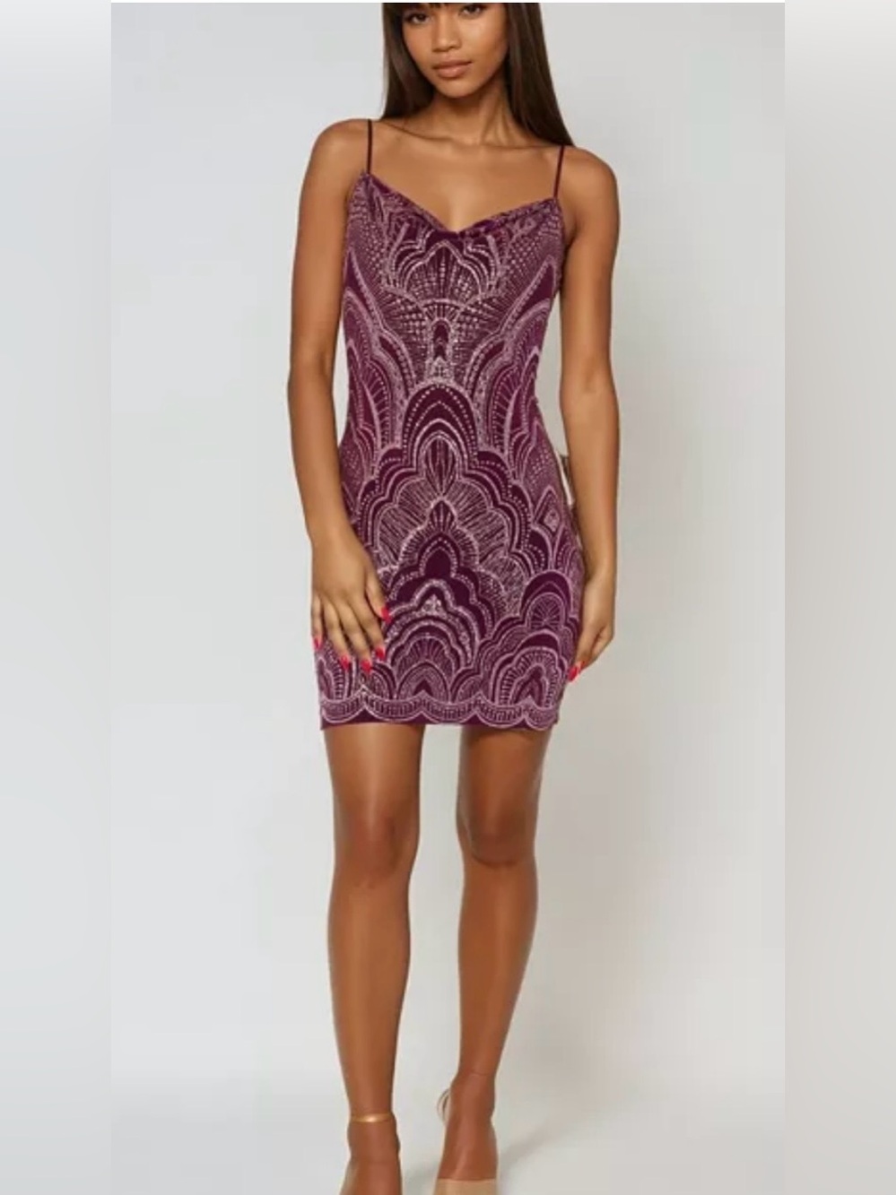 Bebe Burgundy/Wine Sequined Slip Mini Dress
